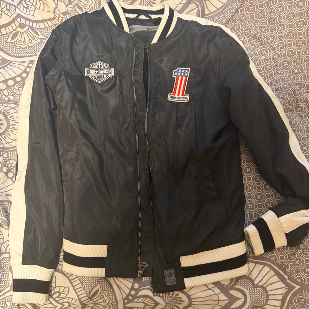 Harley-Davidson Black Bomber Jacket with White Stripe Accents